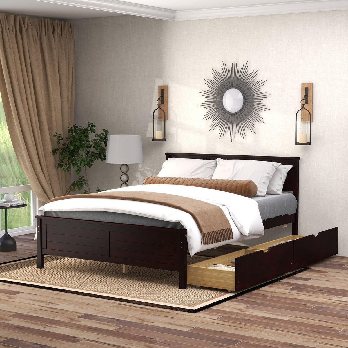 Full Size Pine Bed Frame with 2 Under-Bed Storage Drawers and Slatted Headboard, Espresso