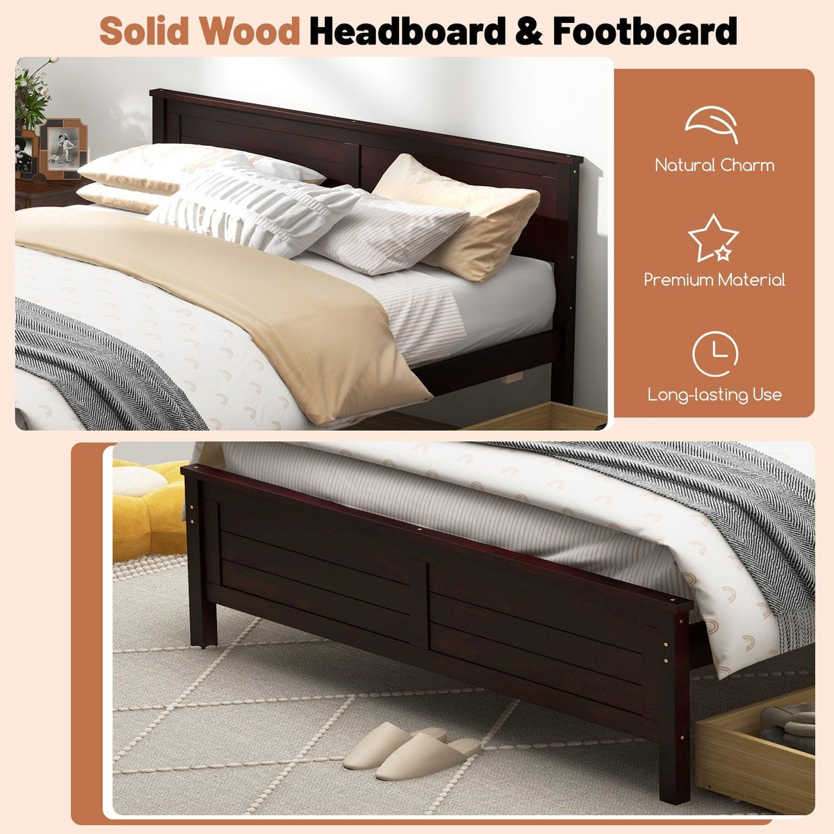 Full Size Pine Bed Frame with 2 Under-Bed Storage Drawers and Slatted Headboard, Espresso