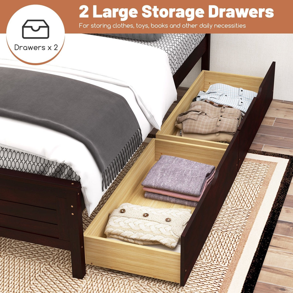 Full Size Pine Bed Frame with 2 Under-Bed Storage Drawers and Slatted Headboard, Espresso