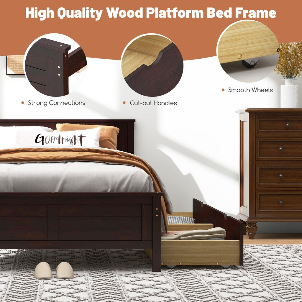 Full Size Pine Bed Frame with 2 Under-Bed Storage Drawers and Slatted Headboard, Espresso