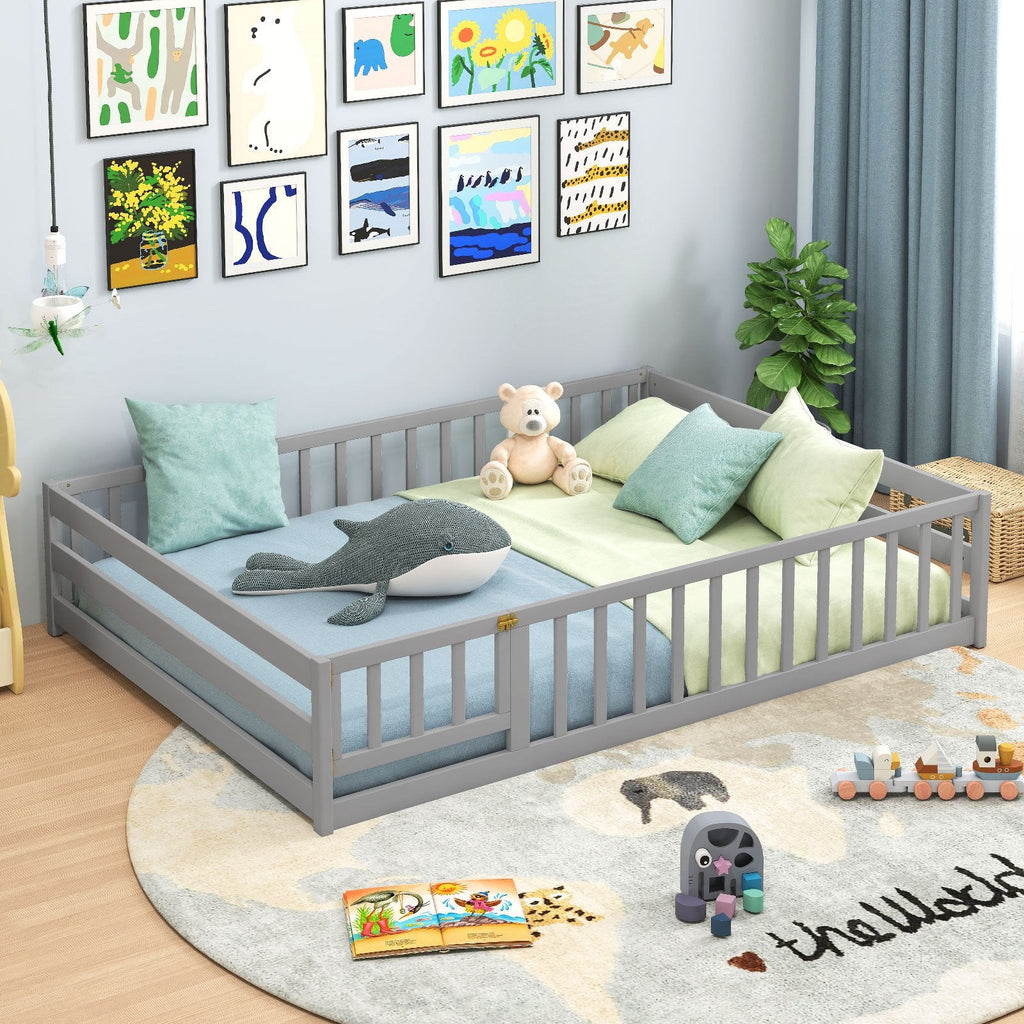 Full Size Floor Bed with Full Length Safety Guardrails-Gray