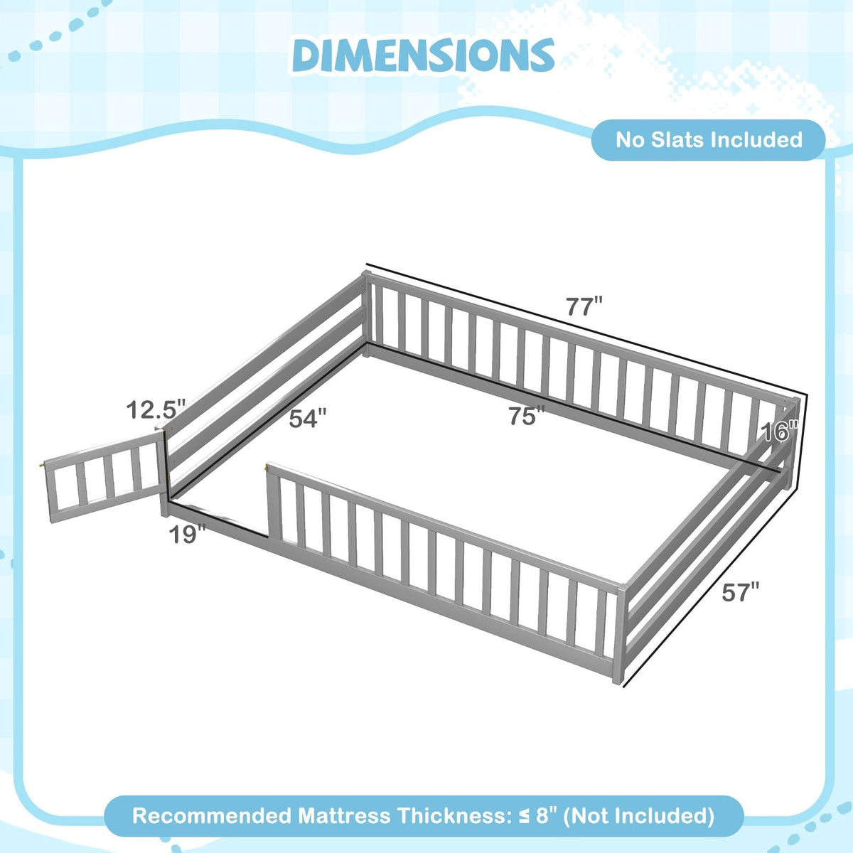 Full Size Floor Bed with Full Length Safety Guardrails-Gray