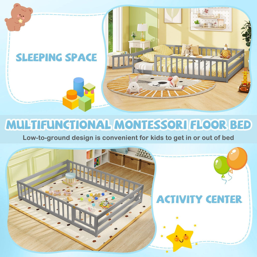 Full Size Floor Bed with Full Length Safety Guardrails-Gray