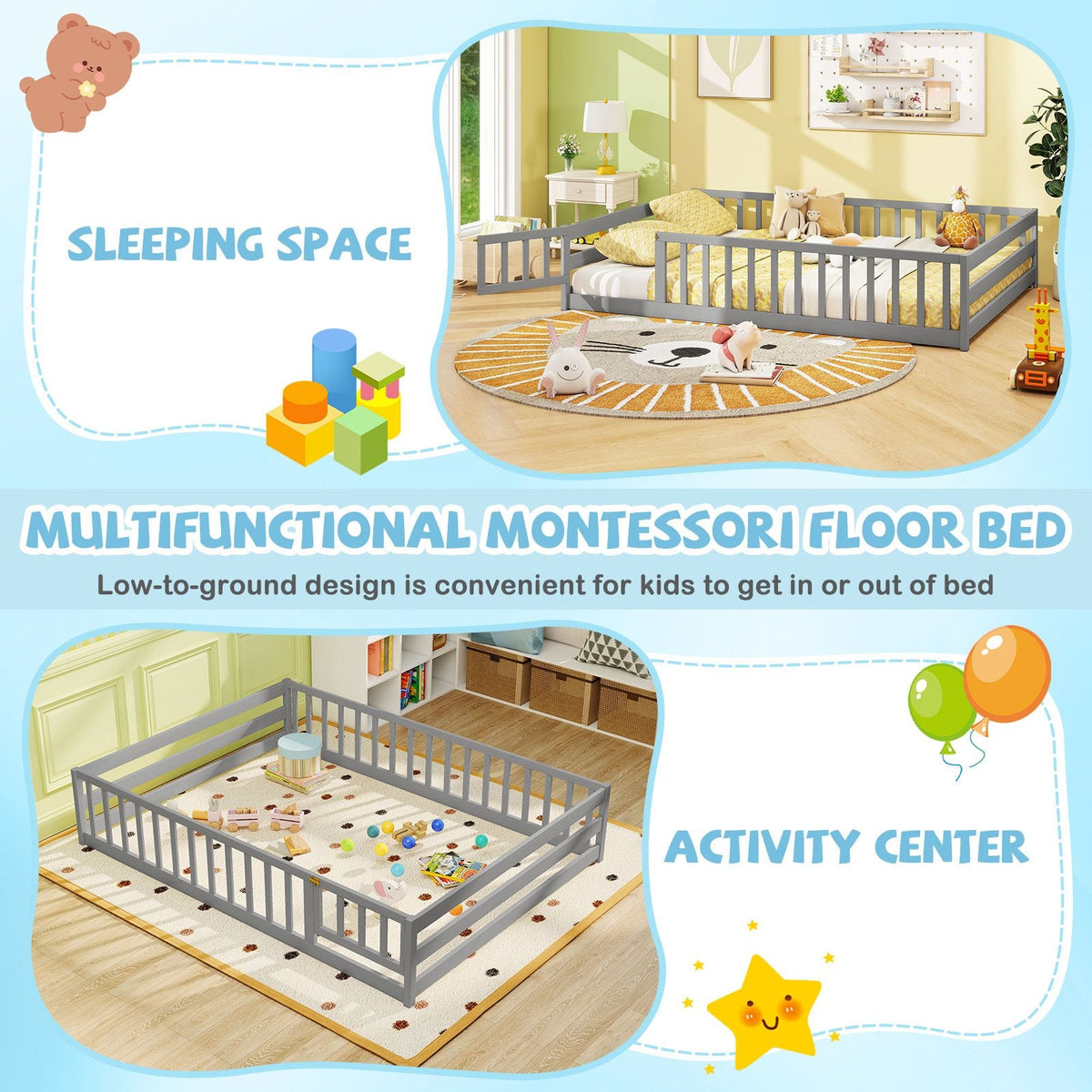 Full Size Floor Bed with Full Length Safety Guardrails-Gray