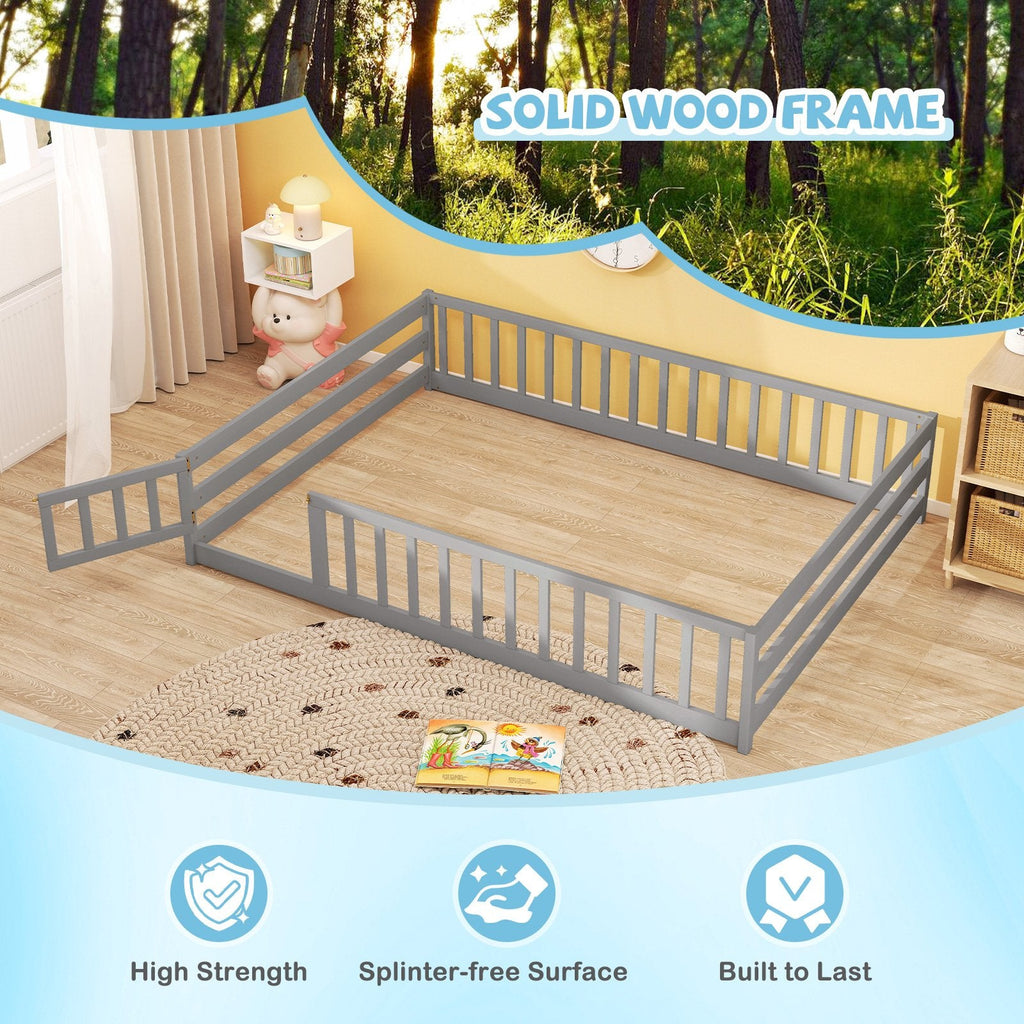 Full Size Floor Bed with Full Length Safety Guardrails-Gray