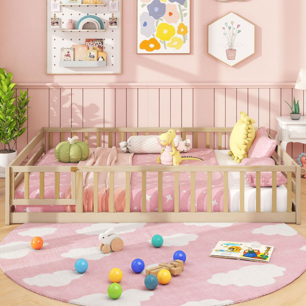 Full Size Floor Bed with Full Length Safety Guardrails-Natural