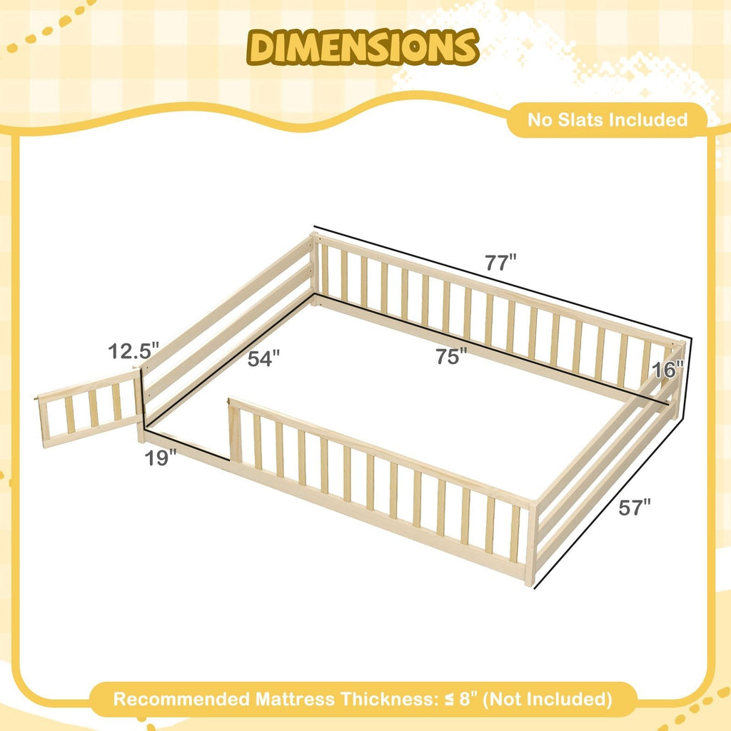 Full Size Floor Bed with Full Length Safety Guardrails-Natural