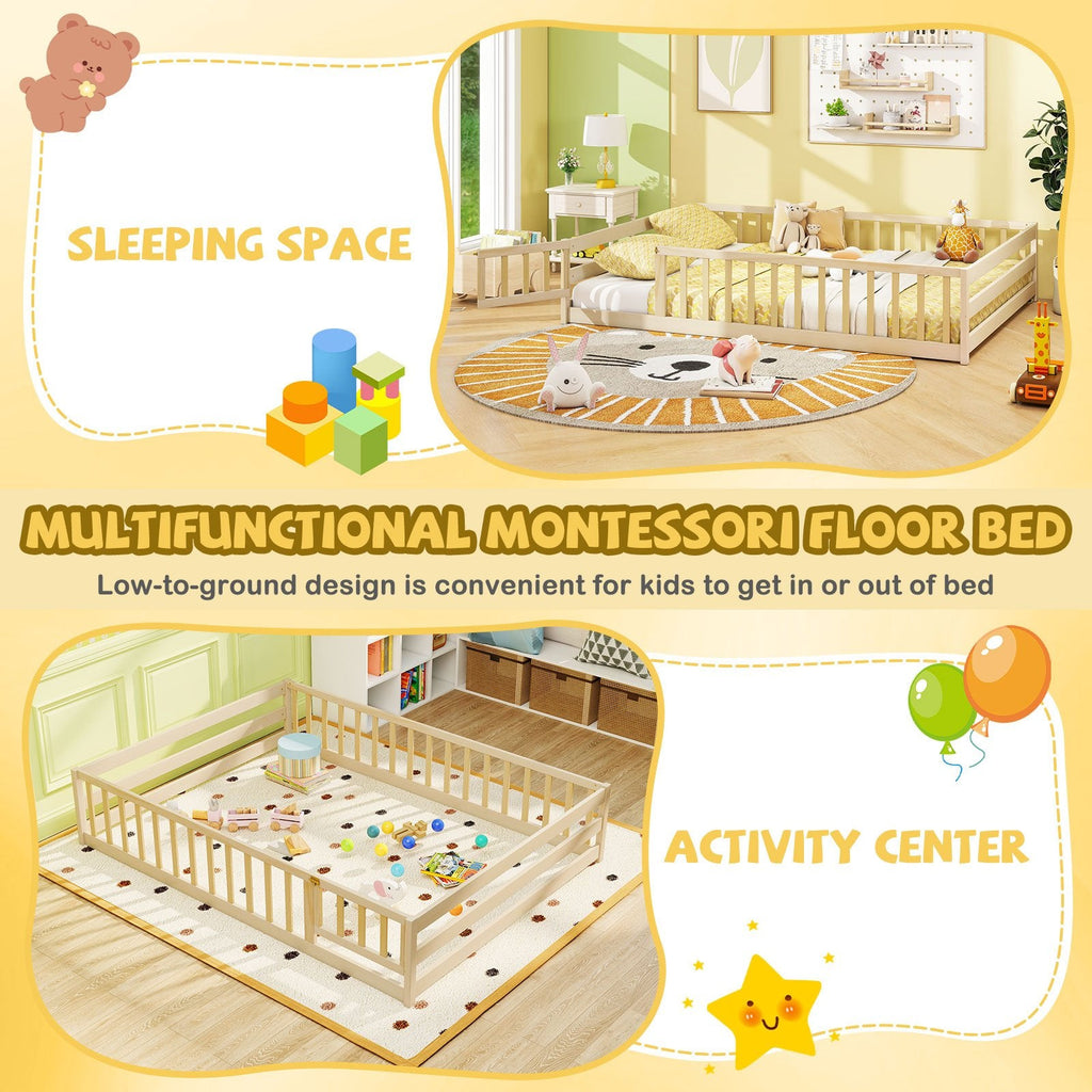 Full Size Floor Bed with Full Length Safety Guardrails-Natural