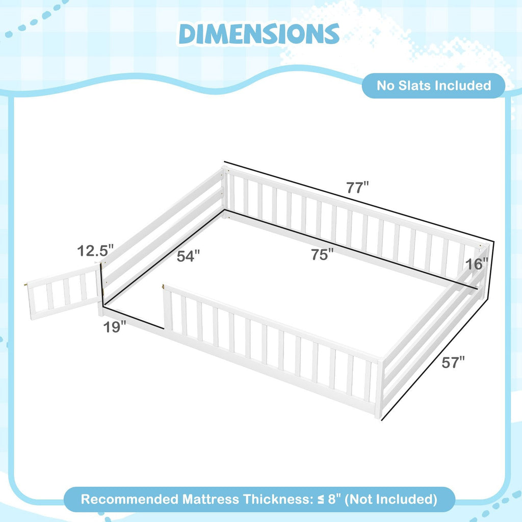 Full Size Floor Bed with Full Length Safety Guardrails-White