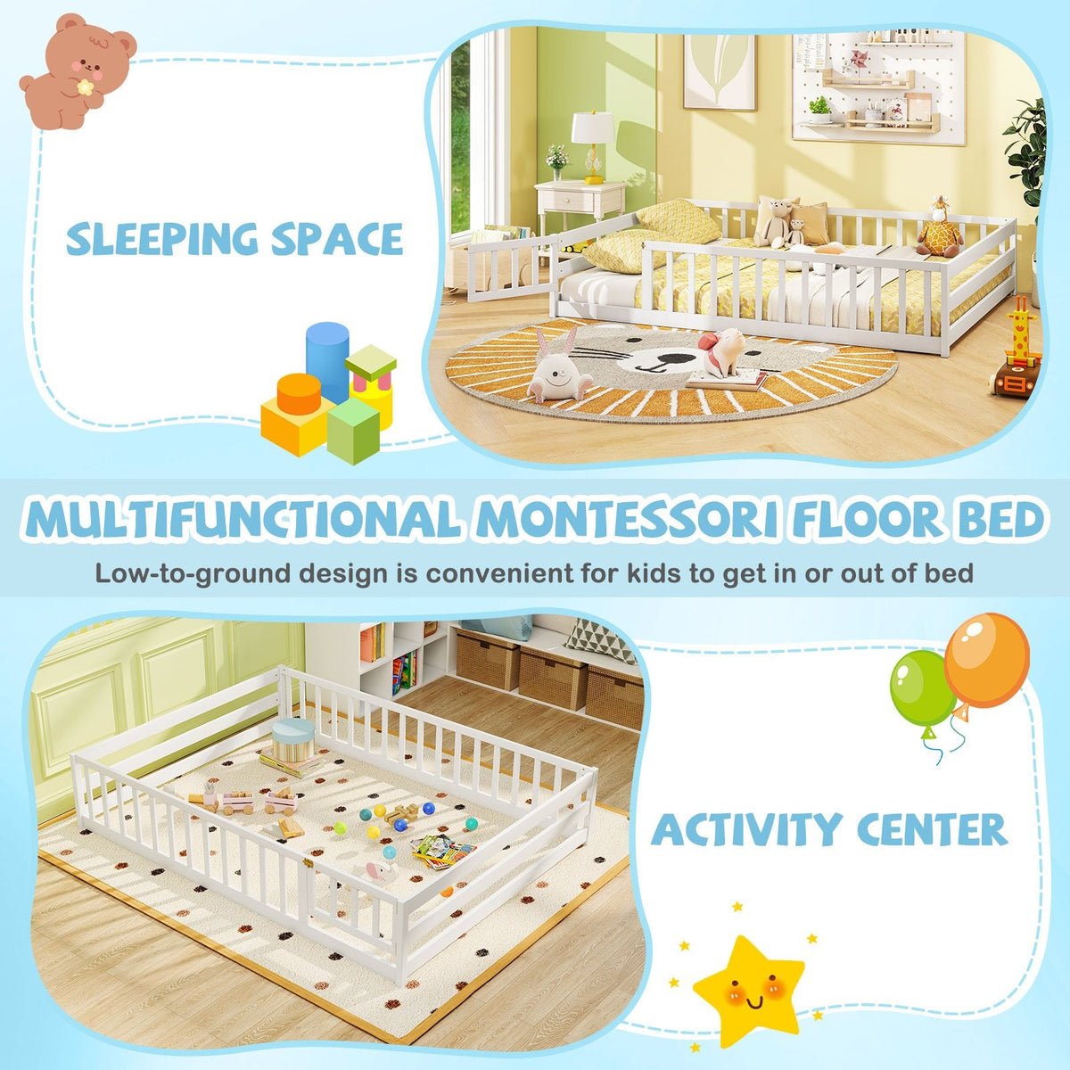 Full Size Floor Bed with Full Length Safety Guardrails-White