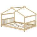 Full Size House Bed Montessori Floor Bed with Fence Rails, Peaked Roof and Solid Pine Frame, Natural