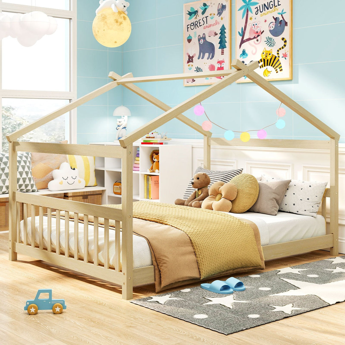 Full Size House Bed Montessori Floor Bed with Fence Rails, Peaked Roof and Solid Pine Frame, Natural