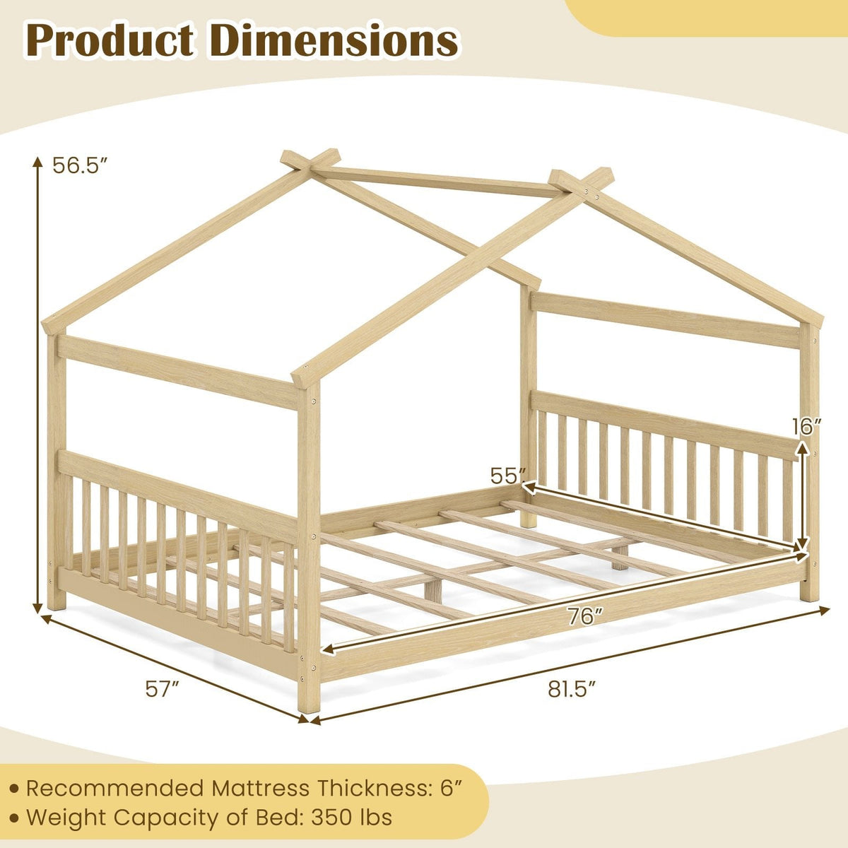 Full Size House Bed Montessori Floor Bed with Fence Rails, Peaked Roof and Solid Pine Frame, Natural