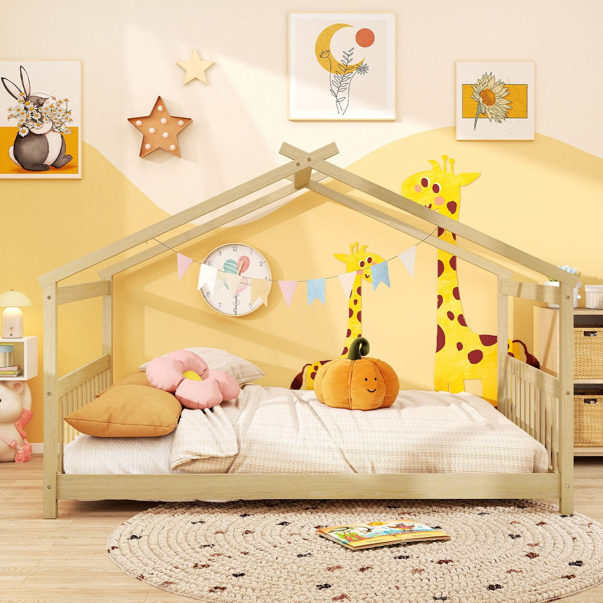 Full Size House Bed Montessori Floor Bed with Fence Rails, Peaked Roof and Solid Pine Frame, Natural