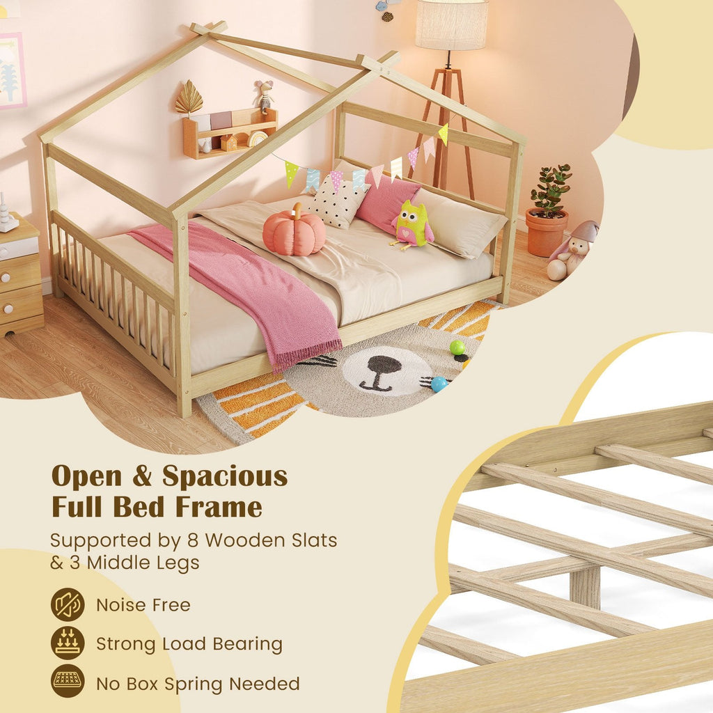 Full Size House Bed Montessori Floor Bed with Fence Rails, Peaked Roof and Solid Pine Frame, Natural