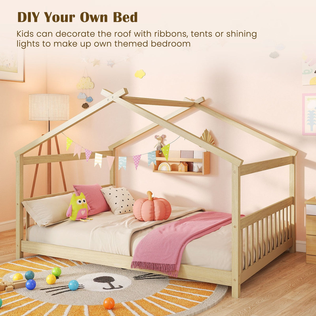 Full Size House Bed Montessori Floor Bed with Fence Rails, Peaked Roof and Solid Pine Frame, Natural