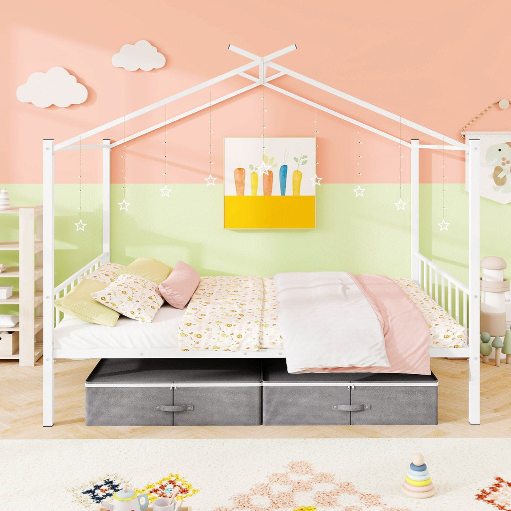 Full Size Metal House Bed with 2 Fabric Drawers for Kids-White