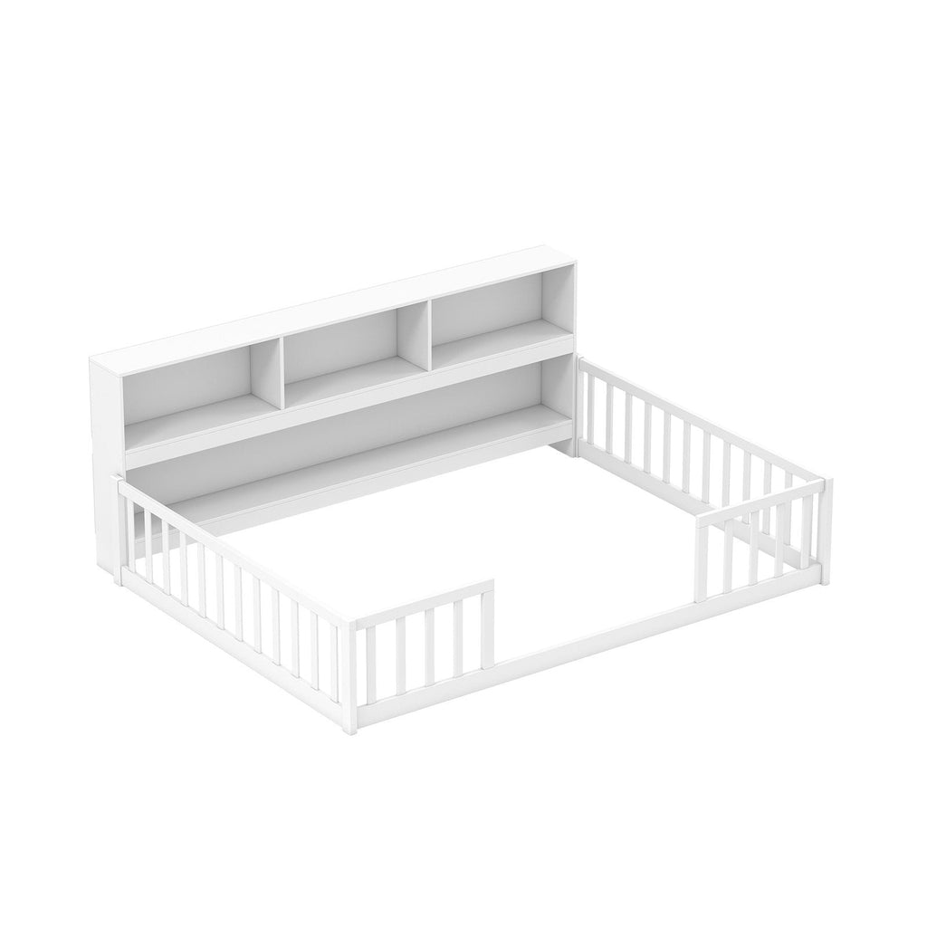 Full Size Montessori Floor Bed with Bookcase-White