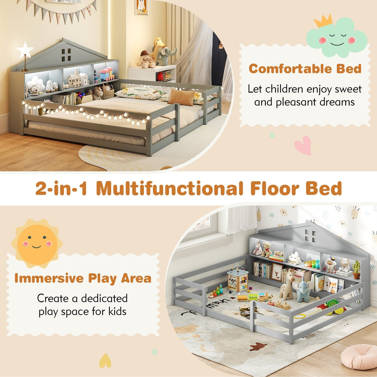 Full Size Montessori Floor Bed with Storage Compartments and Shelf-Gray