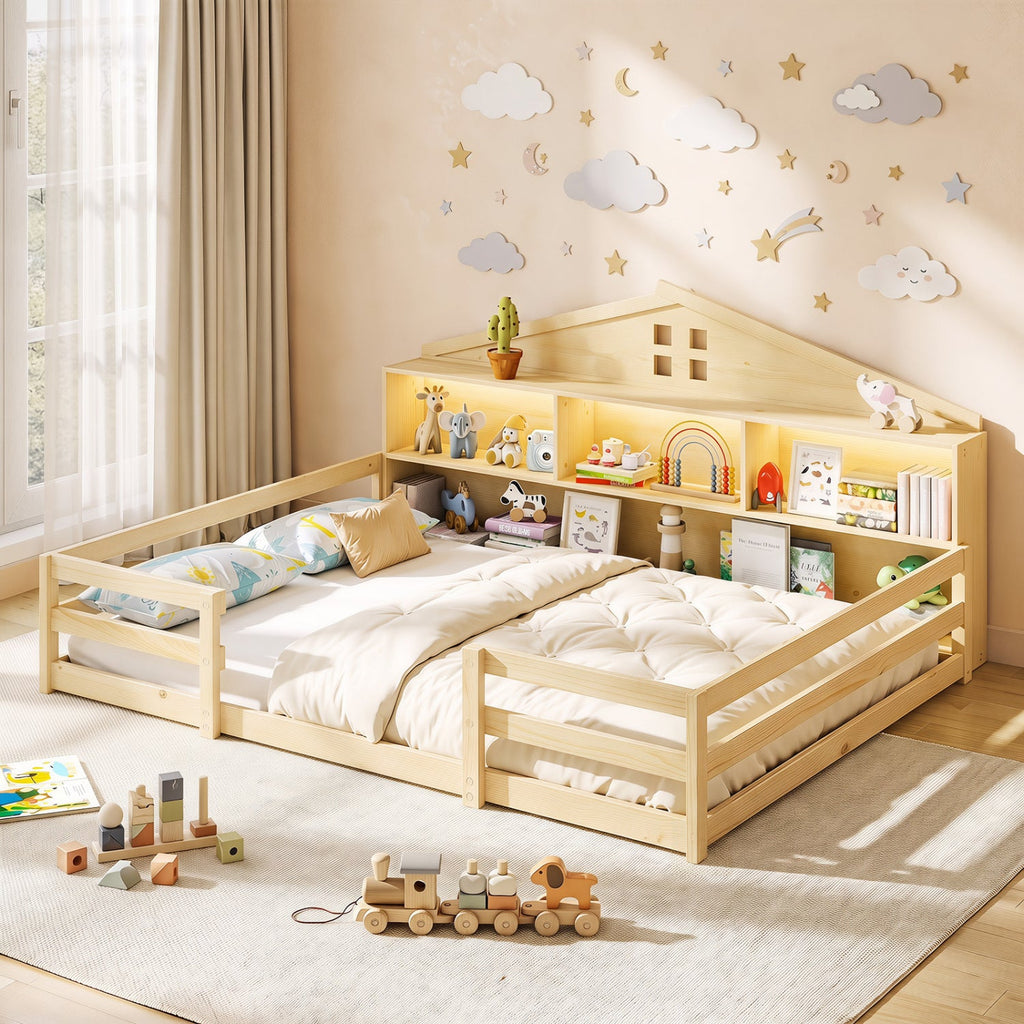 Full Size Montessori Floor Bed with Storage Compartments and Shelf-Natural
