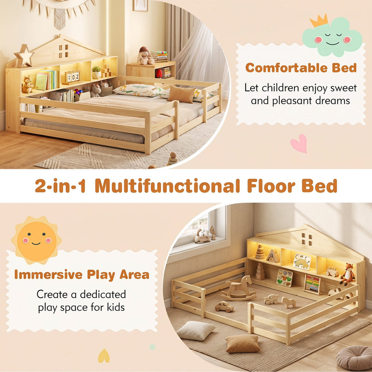 Full Size Montessori Floor Bed with Storage Compartments and Shelf-Natural