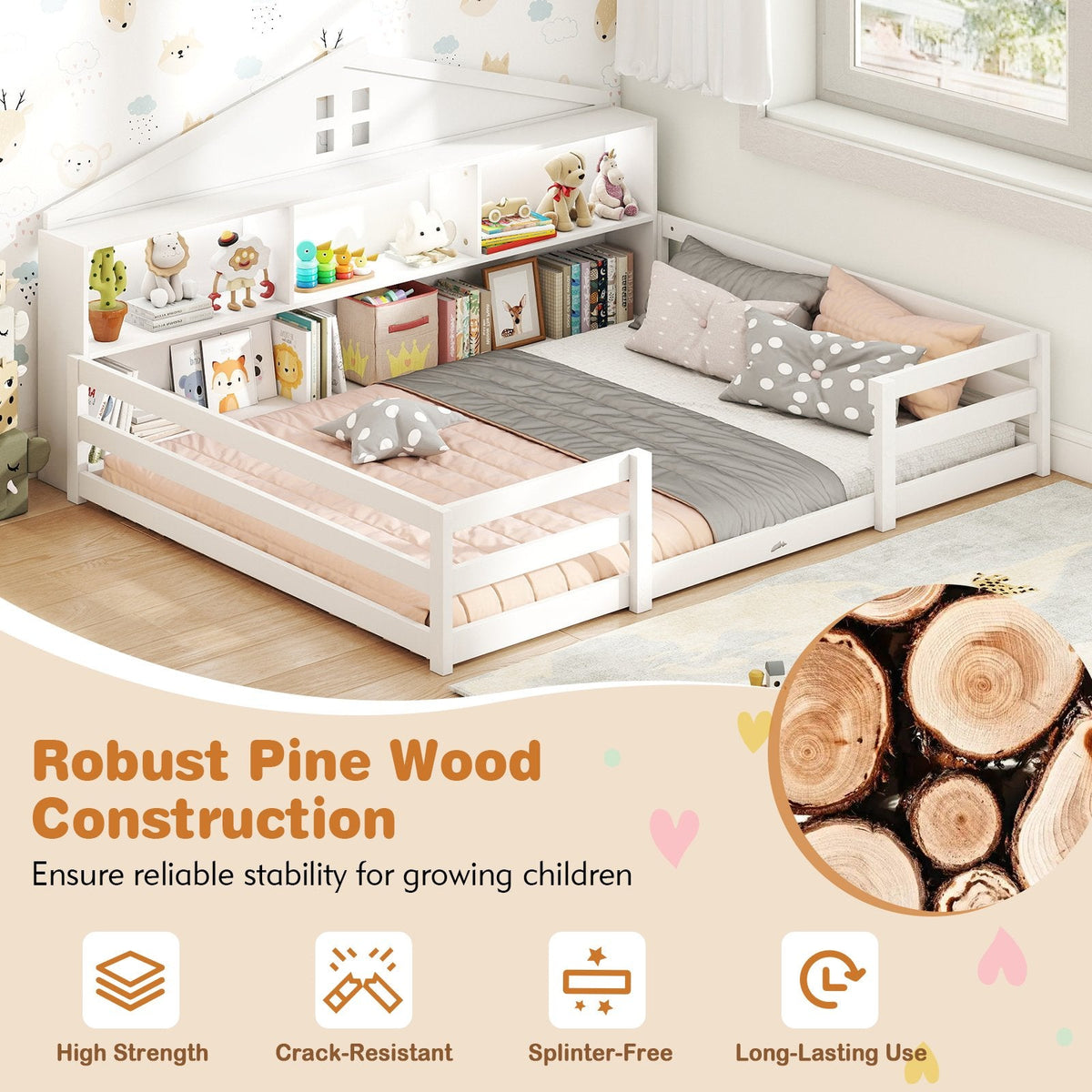 Full Size Montessori Floor Bed with Storage Compartments and Shelf-White