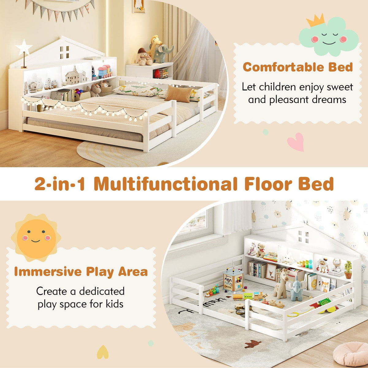 Full Size Montessori Floor Bed with Storage Compartments and Shelf-White