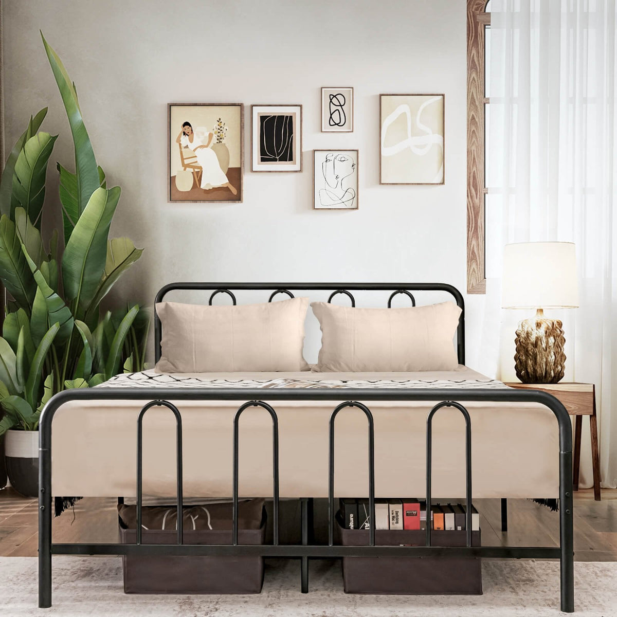 Full Size Metal Bed Frame with Arched Headboard and Footboard, 12 Inch Clearance, Black