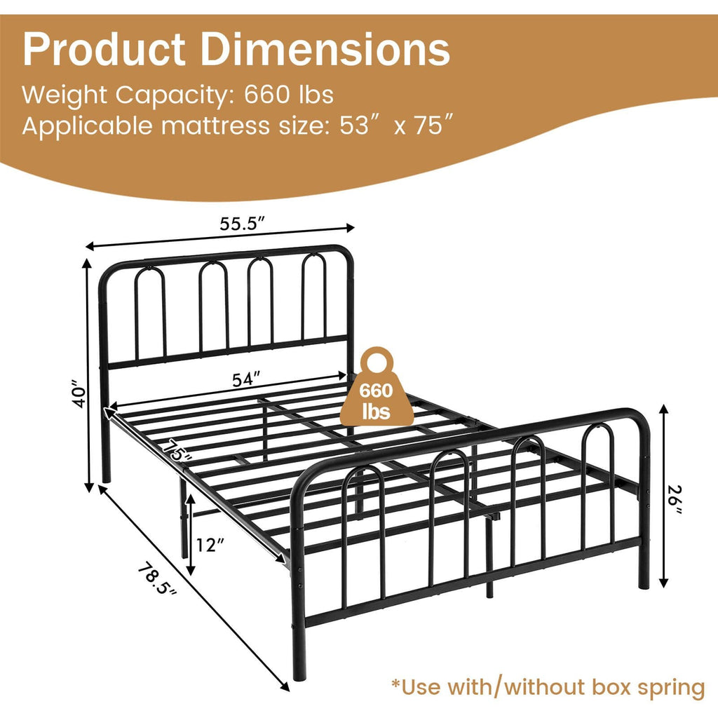 Full Size Metal Bed Frame with Arched Headboard and Footboard, 12 Inch Clearance, Black