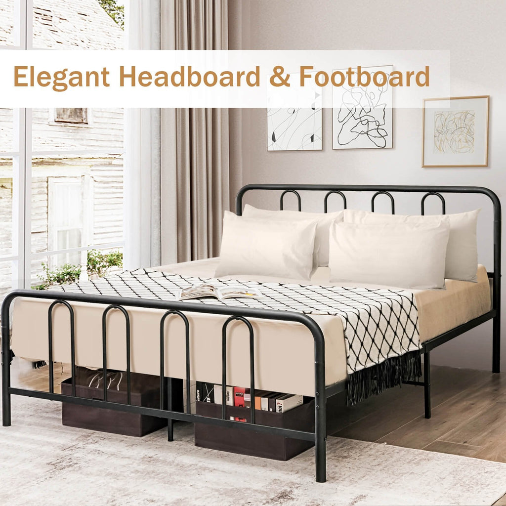 Full Size Metal Bed Frame with Arched Headboard and Footboard, 12 Inch Clearance, Black