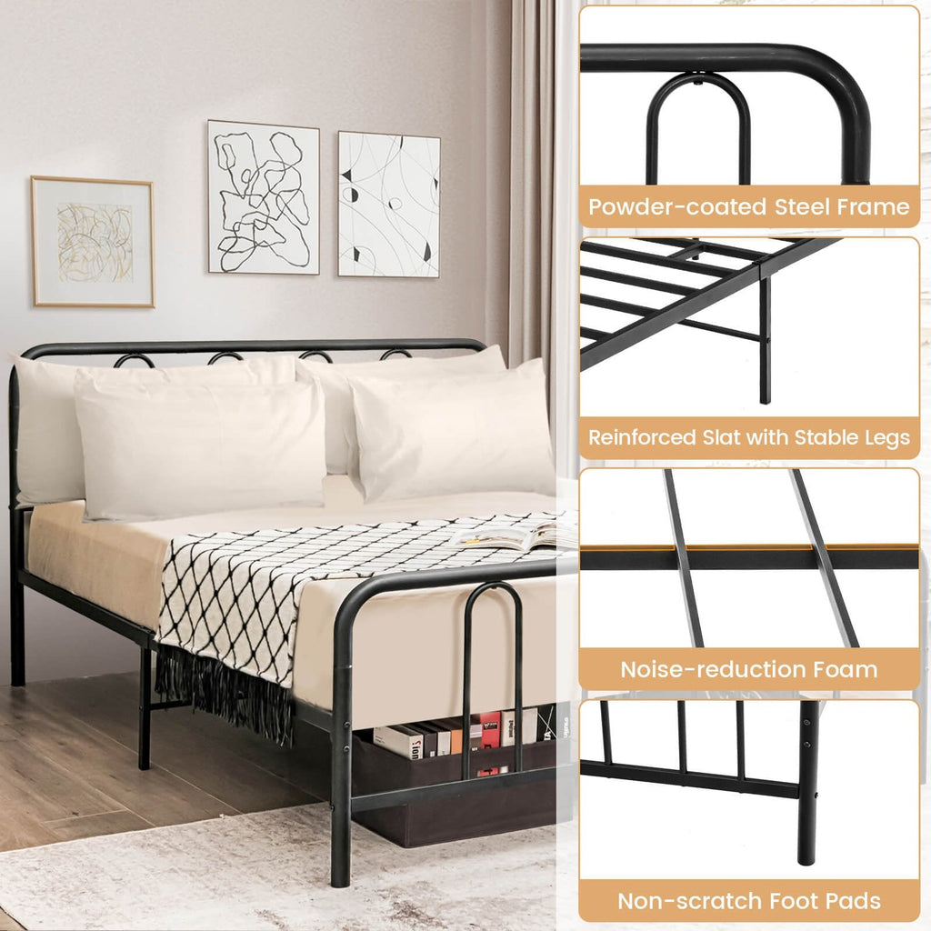 Full Size Metal Bed Frame with Arched Headboard and Footboard, 12 Inch Clearance, Black