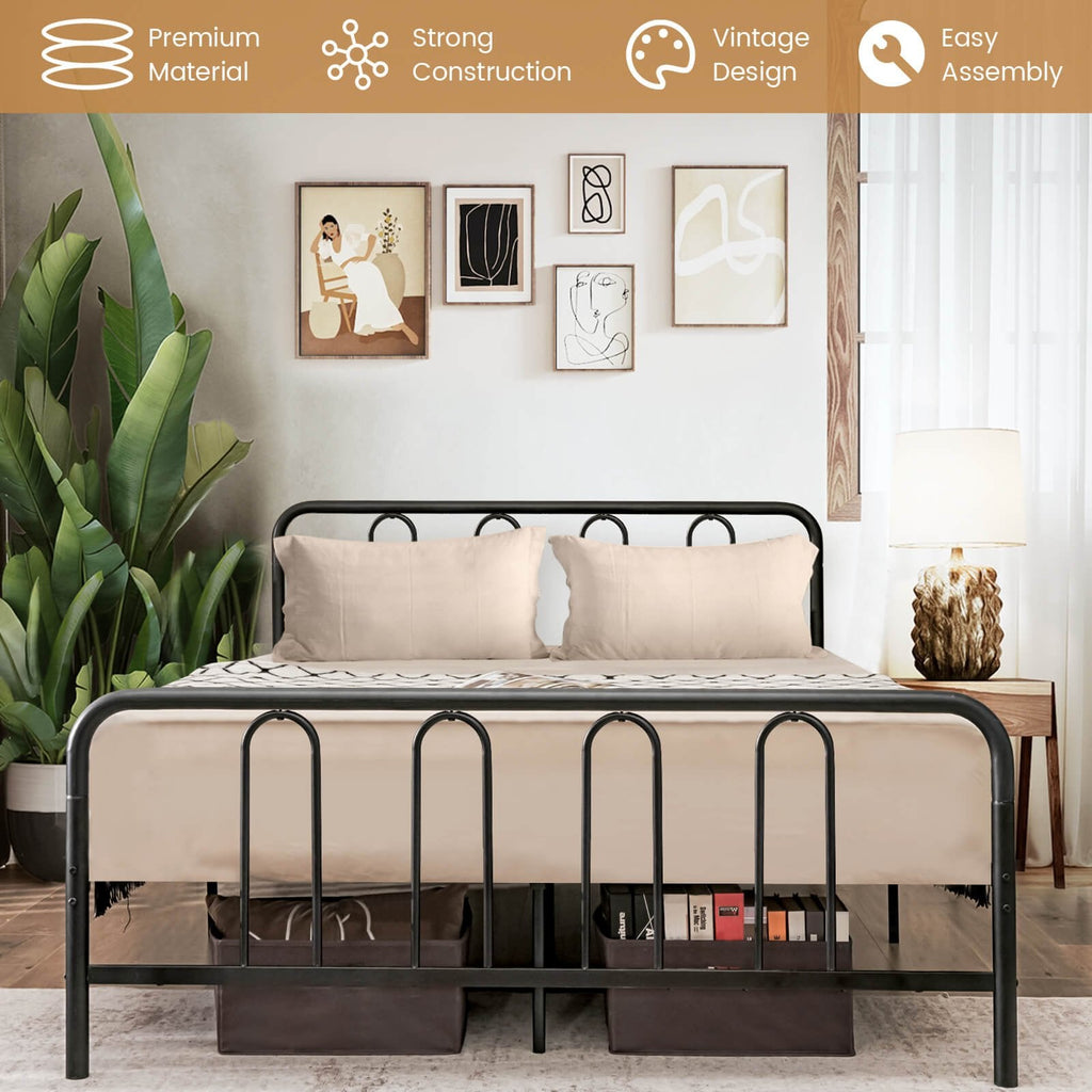 Full Size Metal Bed Frame with Arched Headboard and Footboard, 12 Inch Clearance, Black