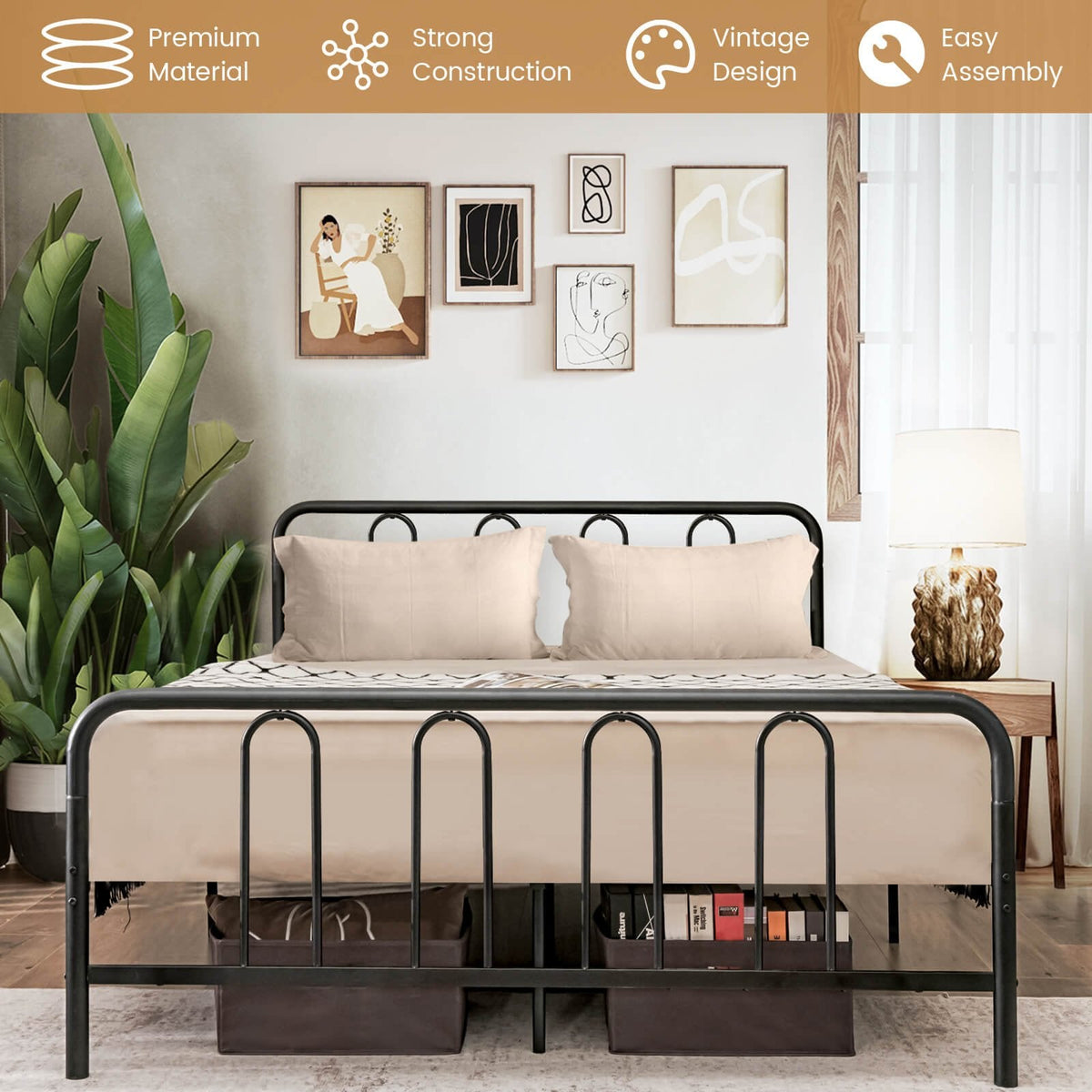 Full Size Metal Bed Frame with Arched Headboard and Footboard, 12 Inch Clearance, Black