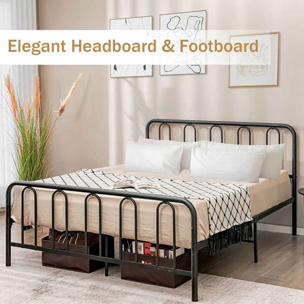 Queen Metal Bed Frame with Arched Headboard and Footboard, 1100 lb Capacity, Black