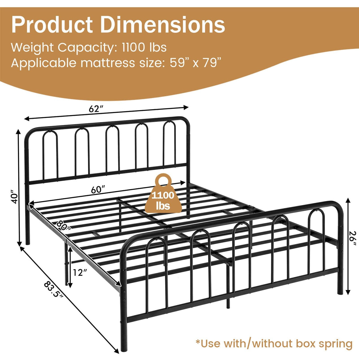 Queen Metal Bed Frame with Arched Headboard and Footboard, 1100 lb Capacity, Black