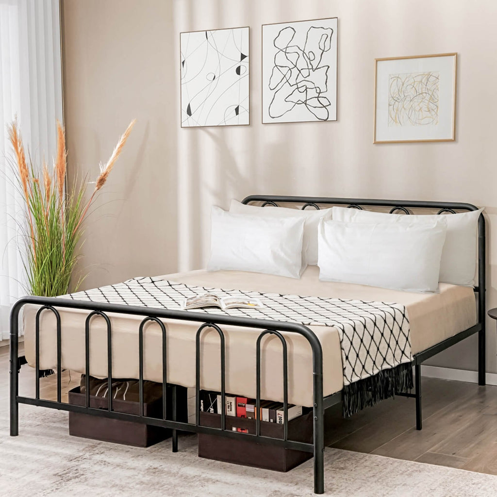 Queen Metal Bed Frame with Arched Headboard and Footboard, 1100 lb Capacity, Black