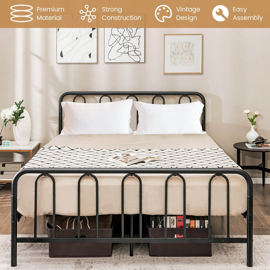 Queen Metal Bed Frame with Arched Headboard and Footboard, 1100 lb Capacity, Black