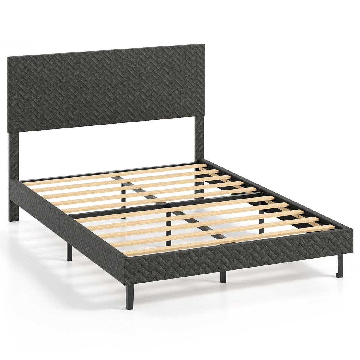 Full Size Upholstered Platform Bed with Chevron Headboard at 3 Heights and 10 Slats, Gray