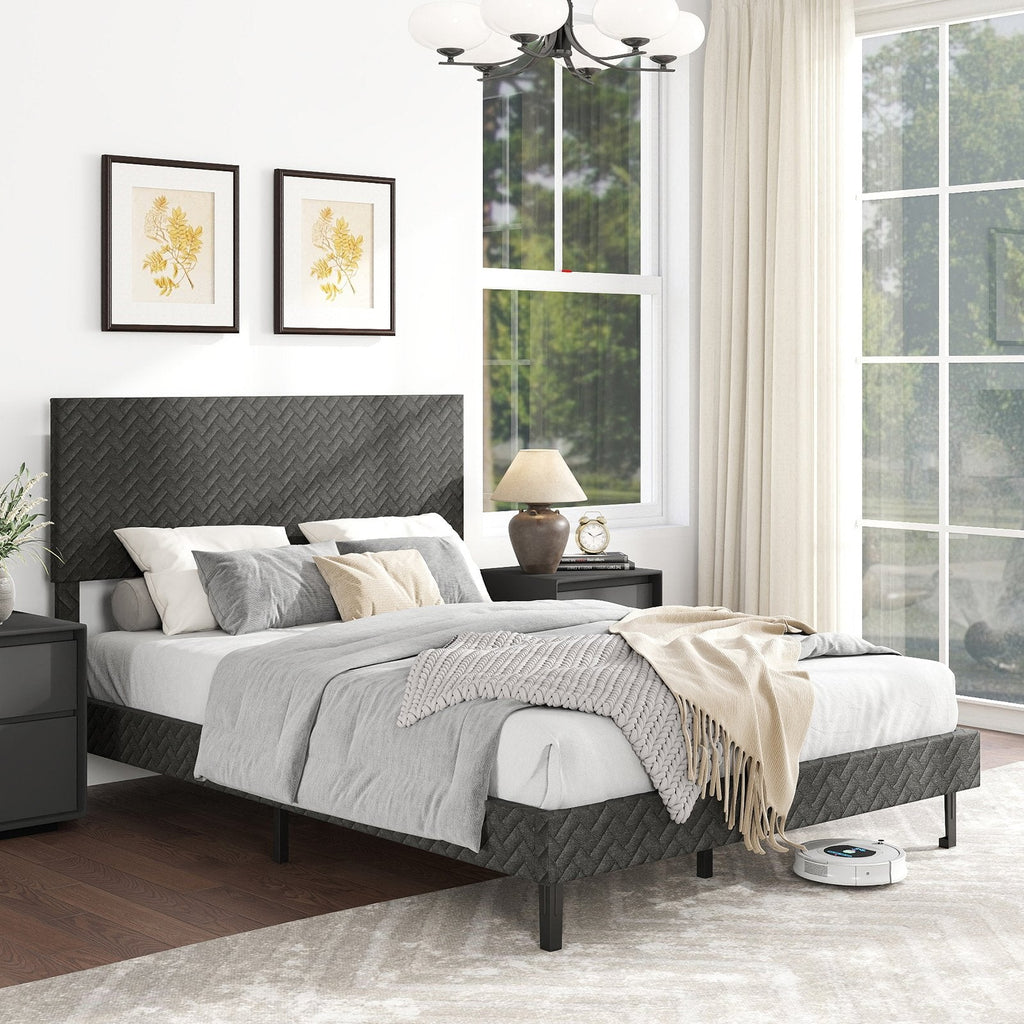 Full Size Upholstered Platform Bed with Chevron Headboard at 3 Heights and 10 Slats, Gray