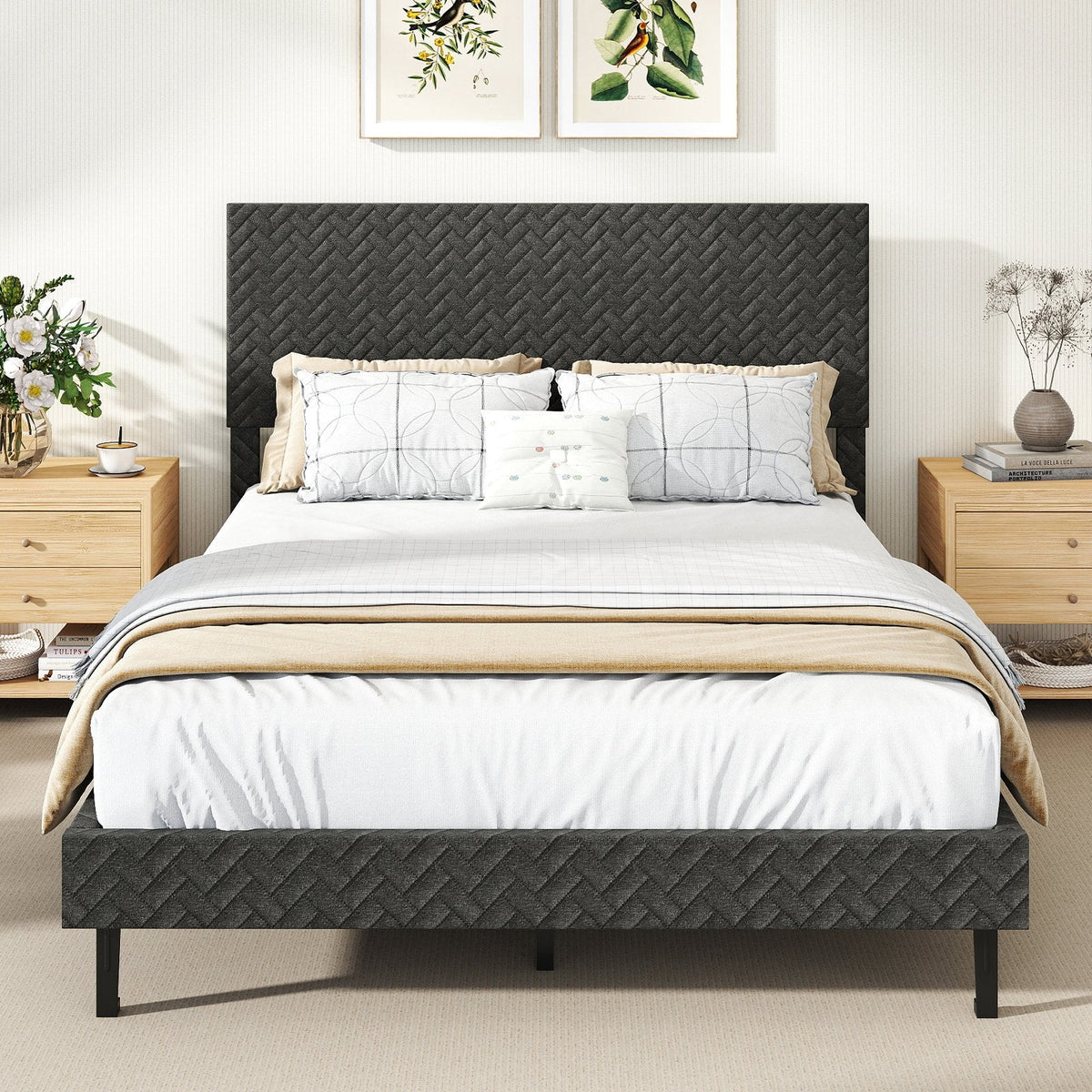 Full Size Upholstered Platform Bed with Chevron Headboard at 3 Heights and 10 Slats, Gray