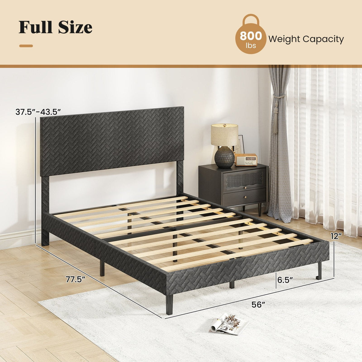 Full Size Upholstered Platform Bed with Chevron Headboard at 3 Heights and 10 Slats, Gray