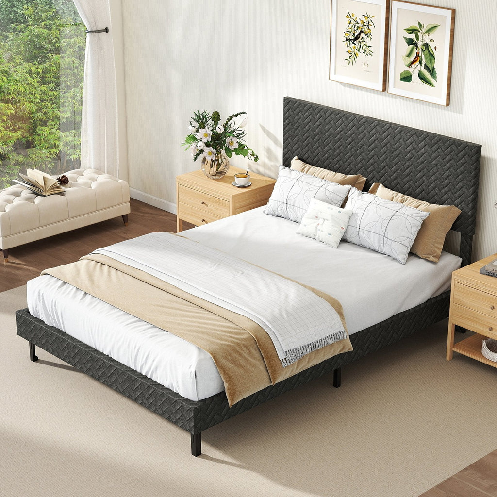Full Size Upholstered Platform Bed with Chevron Headboard at 3 Heights and 10 Slats, Gray