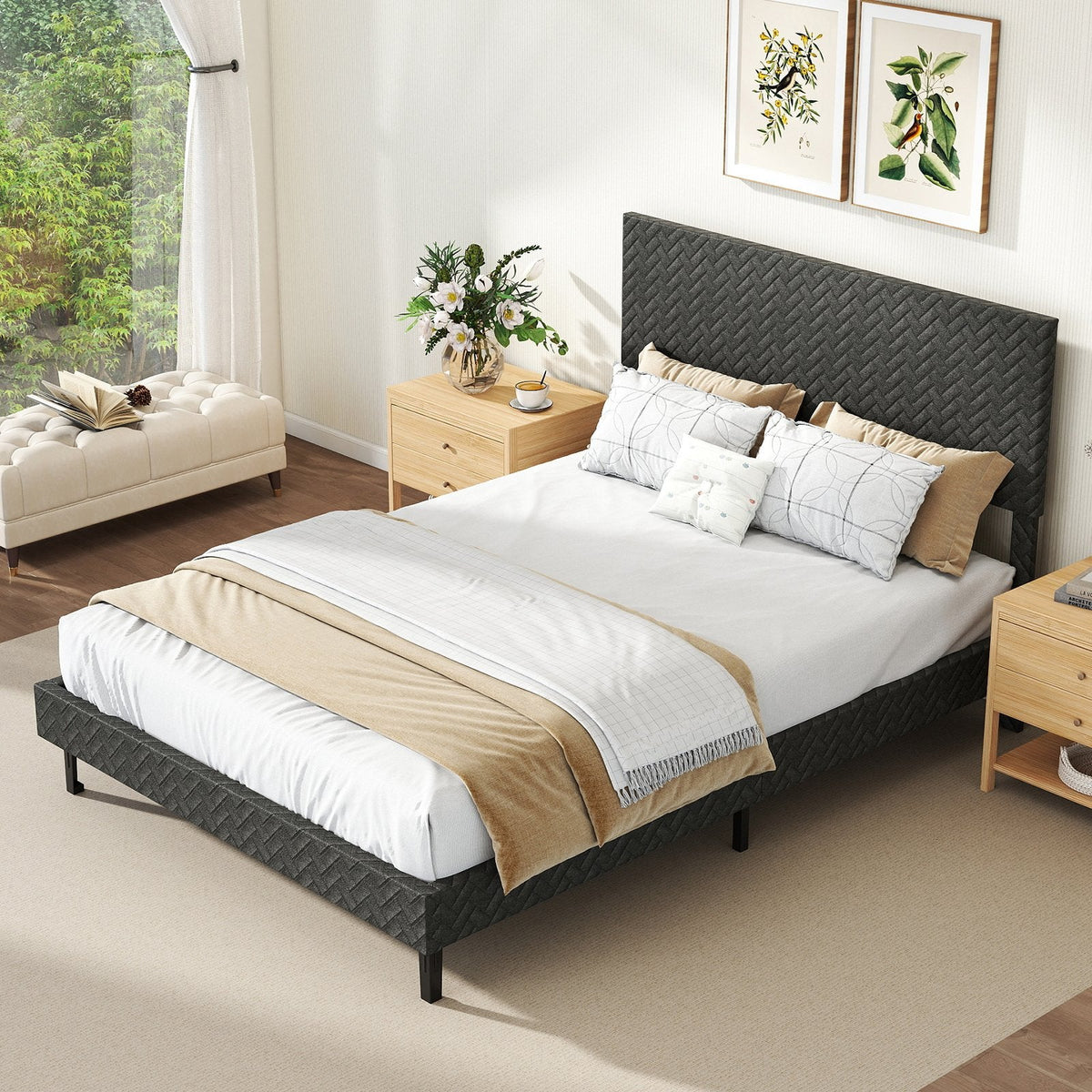 Full Size Upholstered Platform Bed with Chevron Headboard at 3 Heights and 10 Slats, Gray