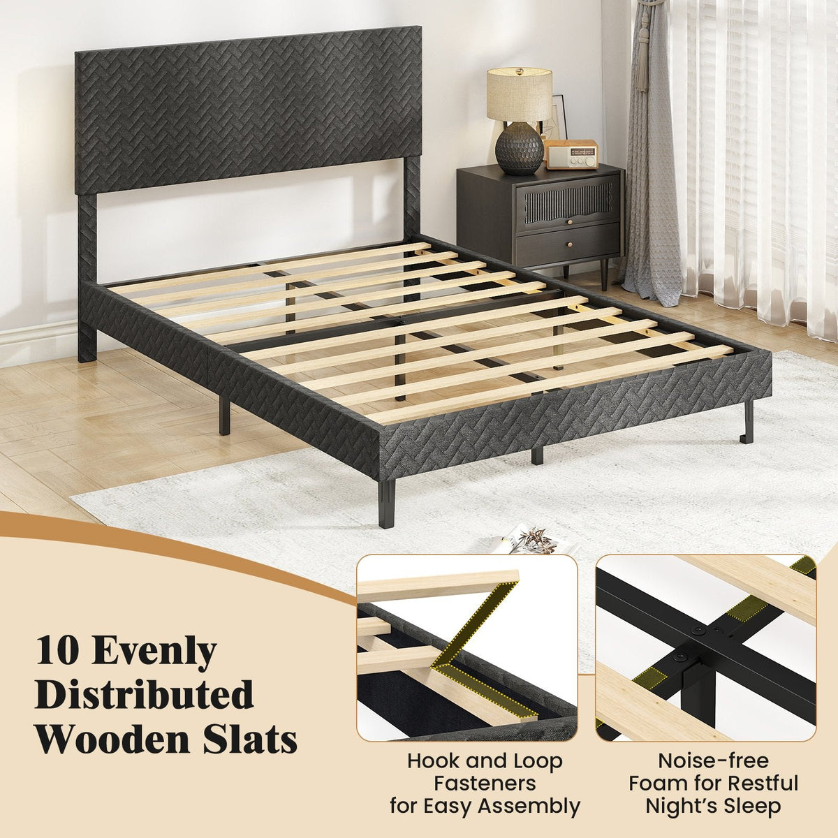 Full Size Upholstered Platform Bed with Chevron Headboard at 3 Heights and 10 Slats, Gray