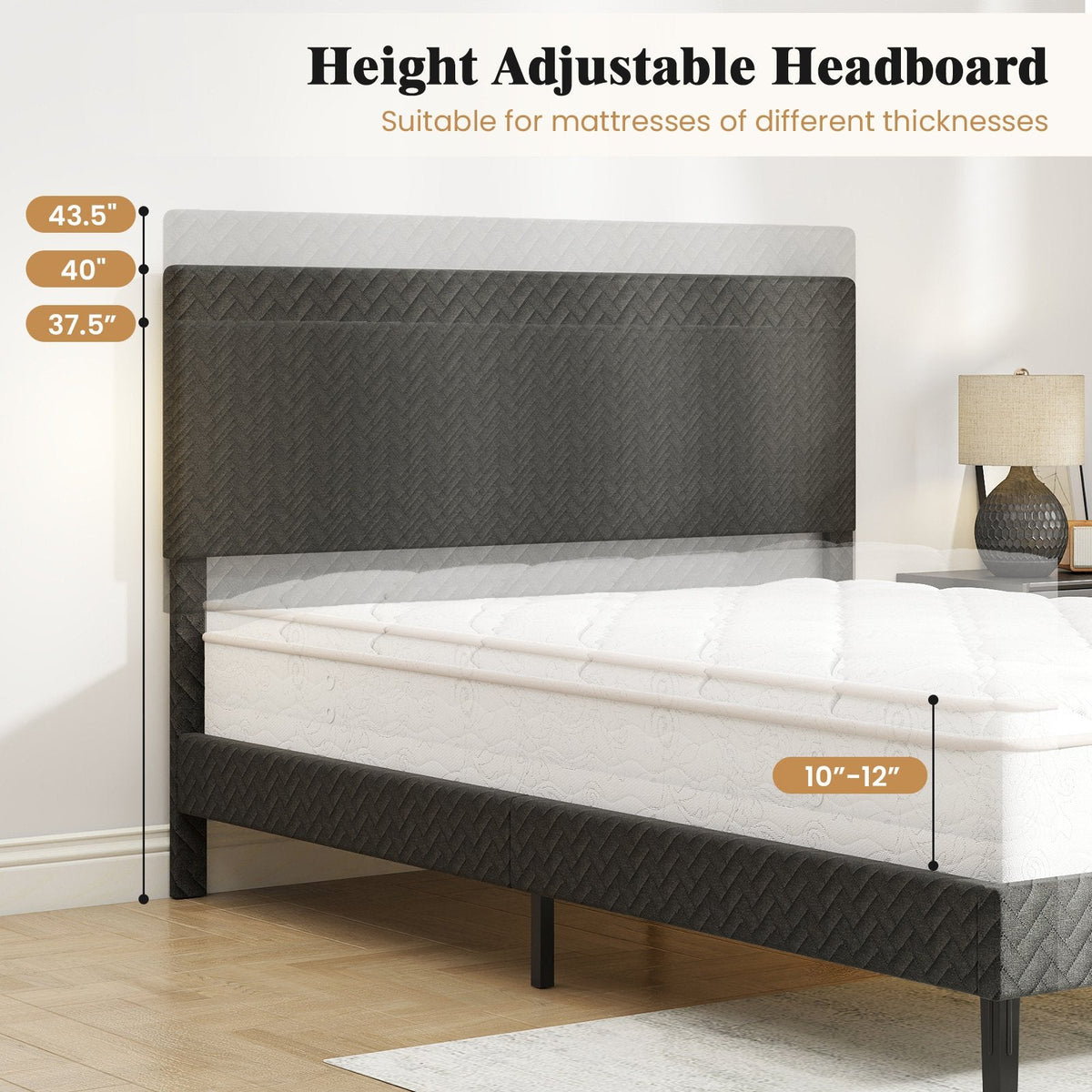 Full Size Upholstered Platform Bed with Chevron Headboard at 3 Heights and 10 Slats, Gray