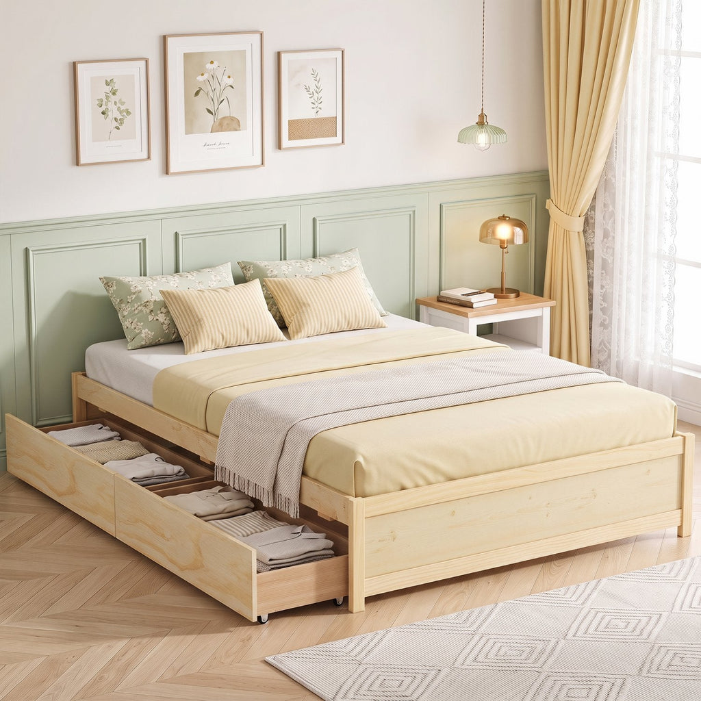 Full Size Wooden Bed Frame with 2 Rolling Storage Drawers-Natural