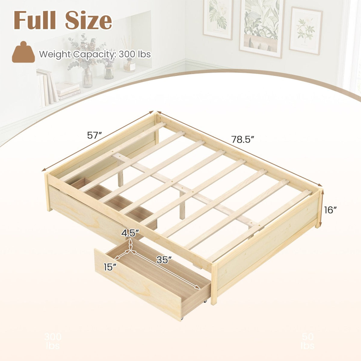 Full Size Wooden Bed Frame with 2 Rolling Storage Drawers-Natural