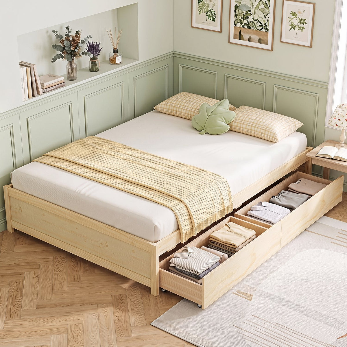 Full Size Wooden Bed Frame with 2 Rolling Storage Drawers-Natural