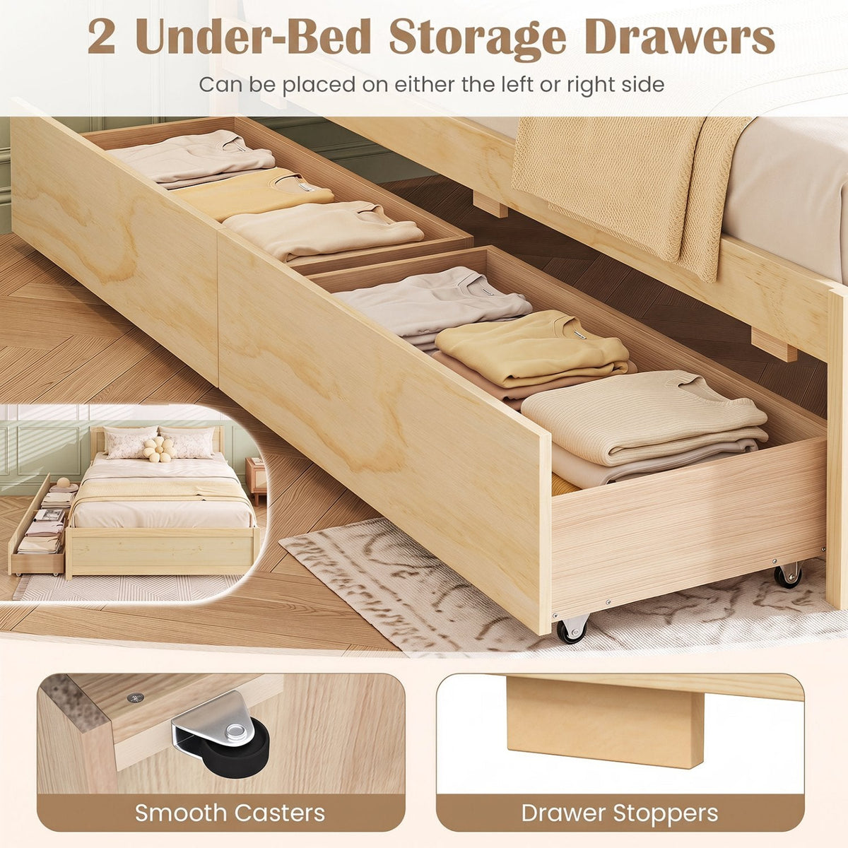 Full Size Wooden Bed Frame with 2 Rolling Storage Drawers-Natural