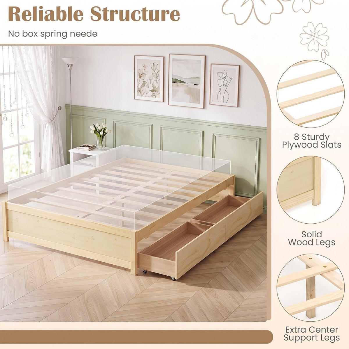 Full Size Wooden Bed Frame with 2 Rolling Storage Drawers-Natural